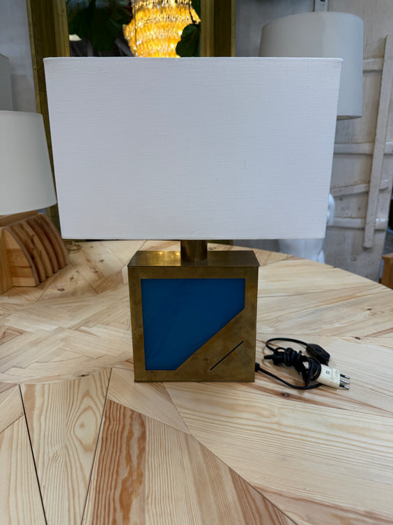 Brass Table Lamp with Blue Panel Base and Rectangular Linen Shade