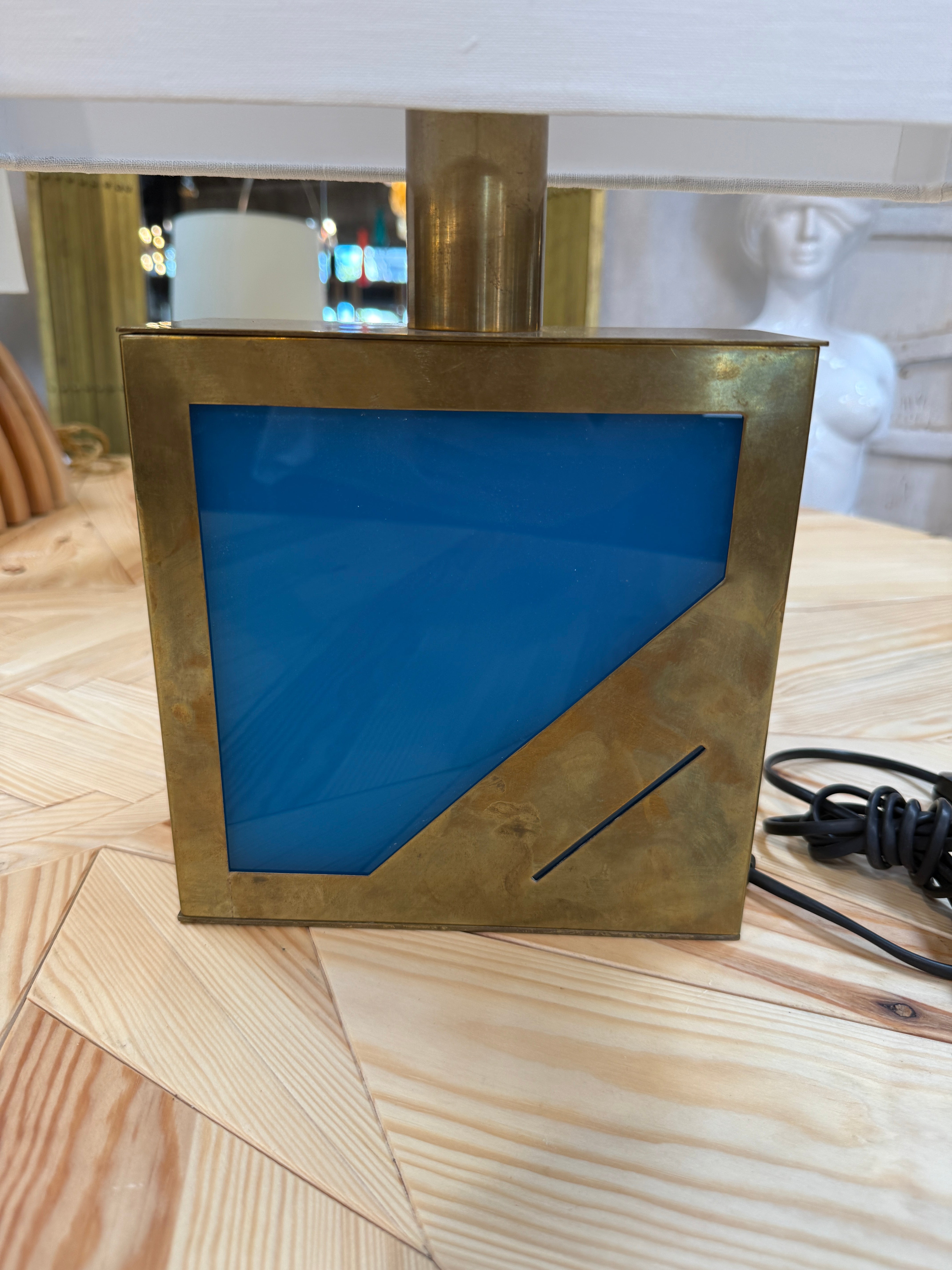 Brass Table Lamp with Blue Panel Base and Rectangular Linen Shade