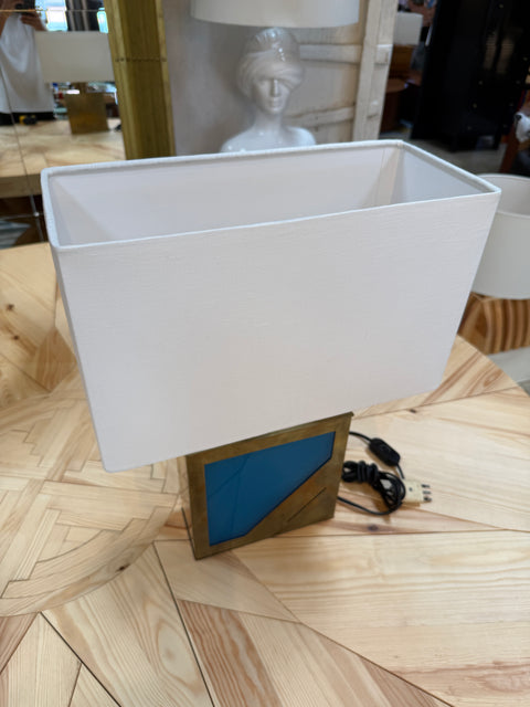 Brass Table Lamp with Blue Panel Base and Rectangular Linen Shade