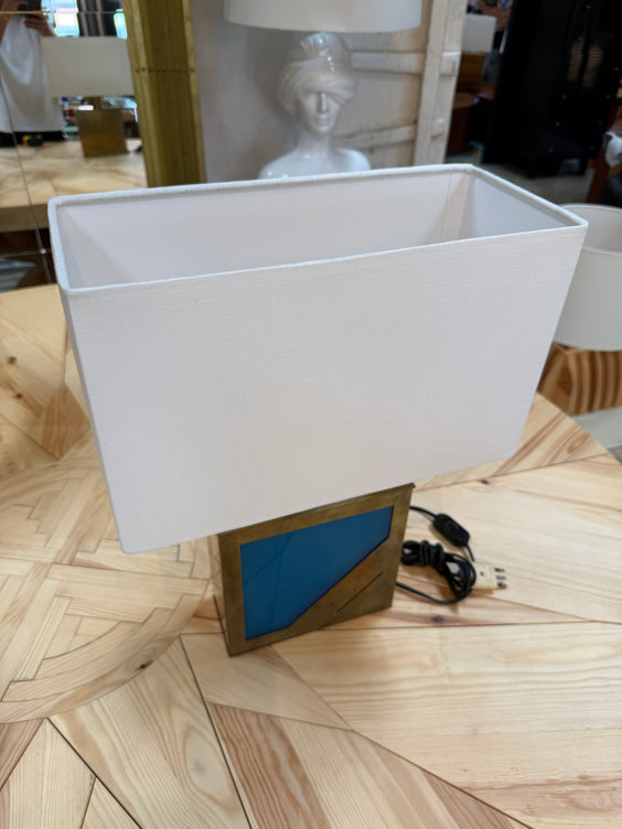 Brass Table Lamp with Blue Panel Base and Rectangular Linen Shade