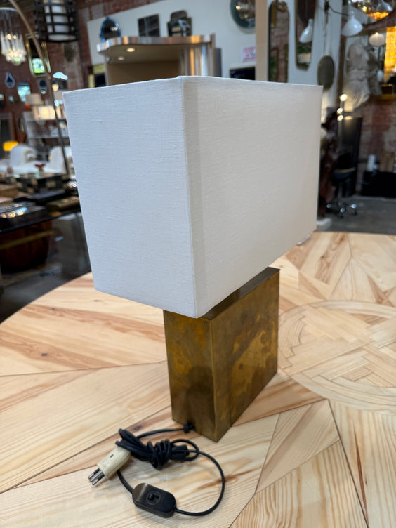 Brass Table Lamp with Blue Panel Base and Rectangular Linen Shade