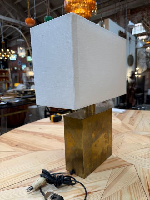 Brass Table Lamp with Blue Panel Base and Rectangular Linen Shade
