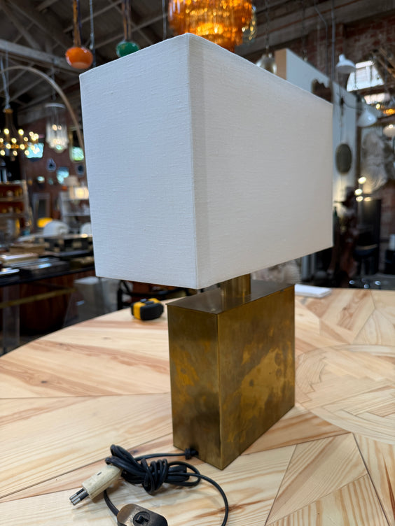 Brass Table Lamp with Blue Panel Base and Rectangular Linen Shade