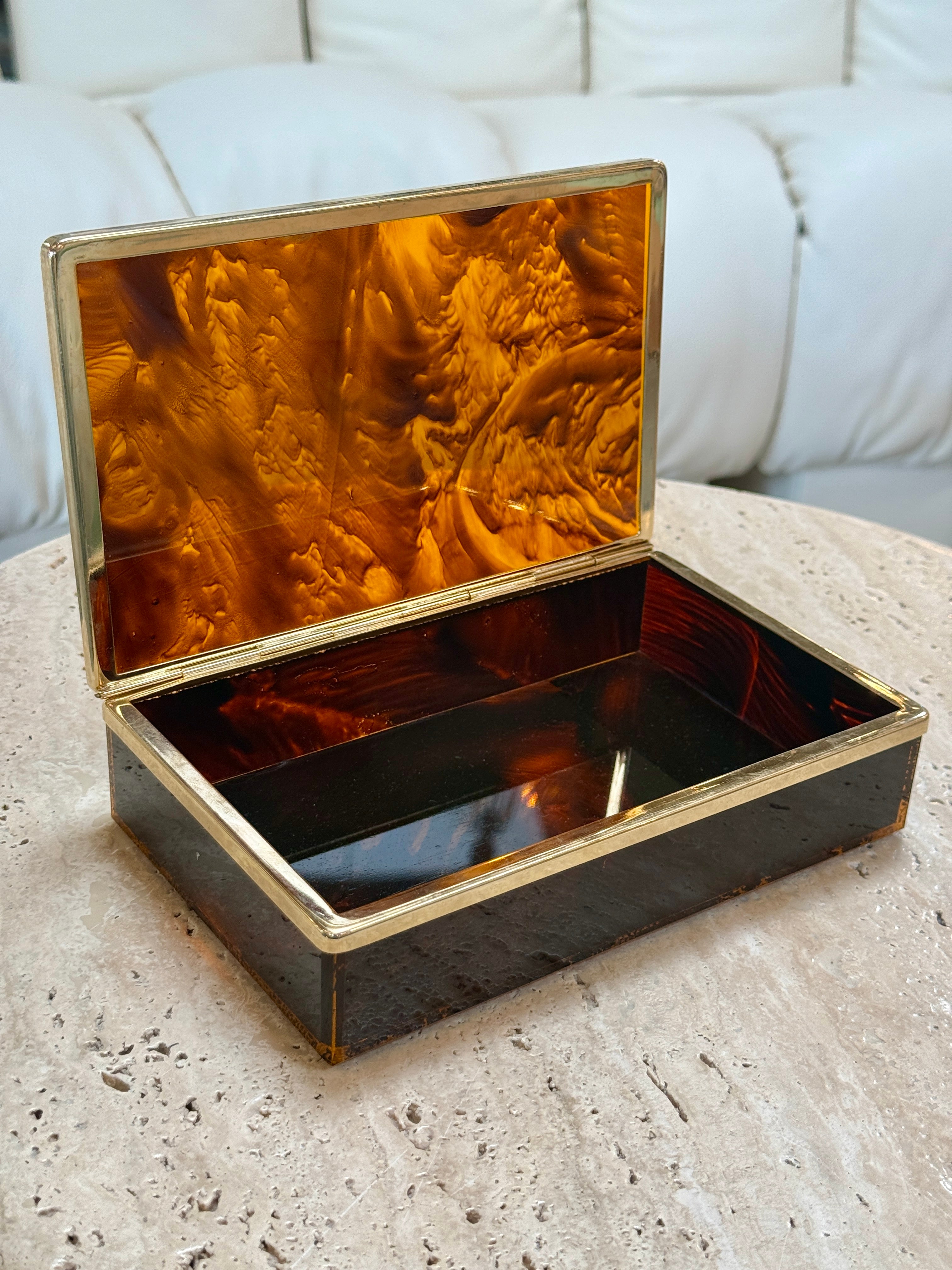 Italian Tortoiseshell Lucite and Brass Decorative Box, 1970s