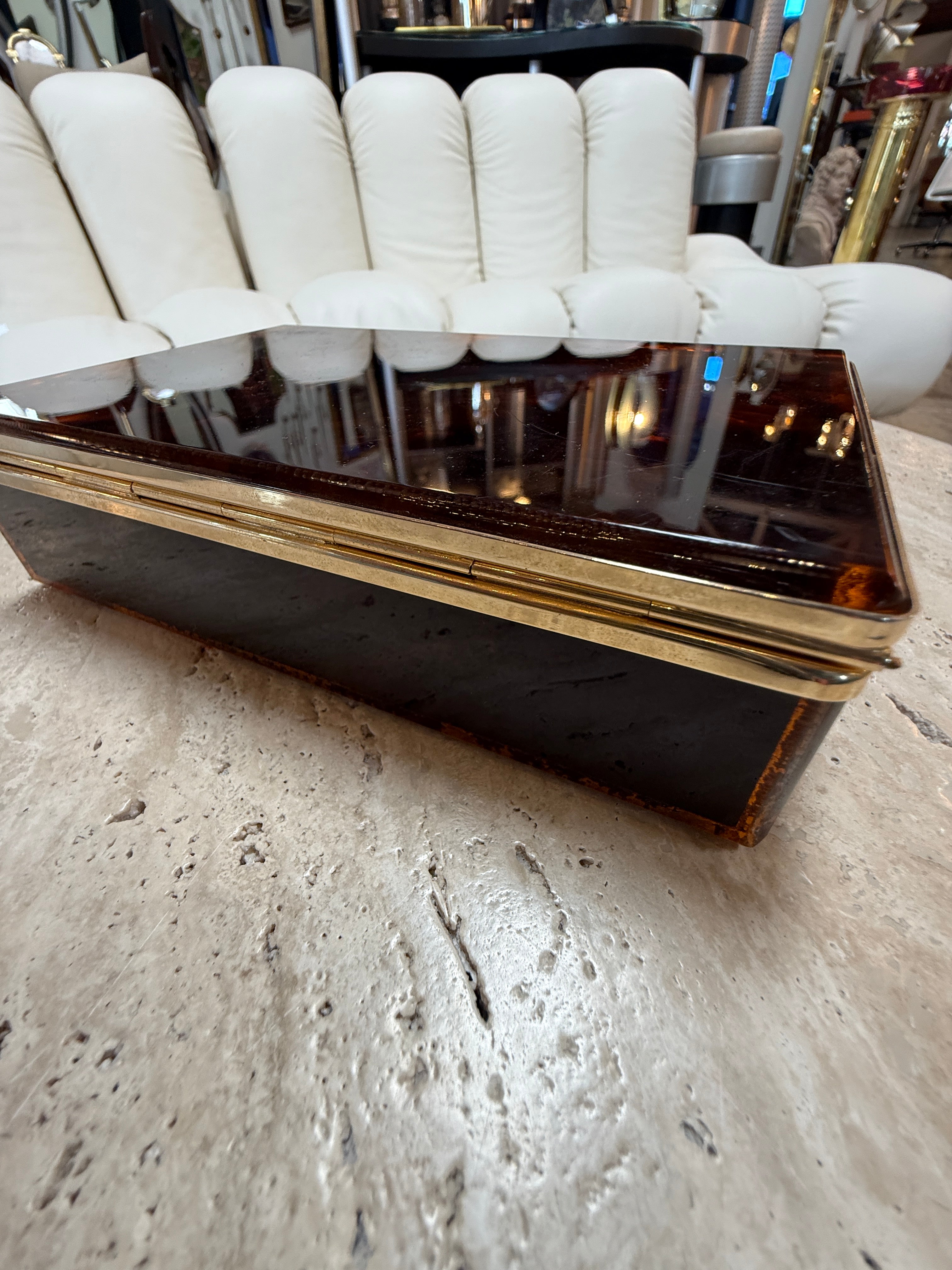 Italian Tortoiseshell Lucite and Brass Decorative Box, 1970s