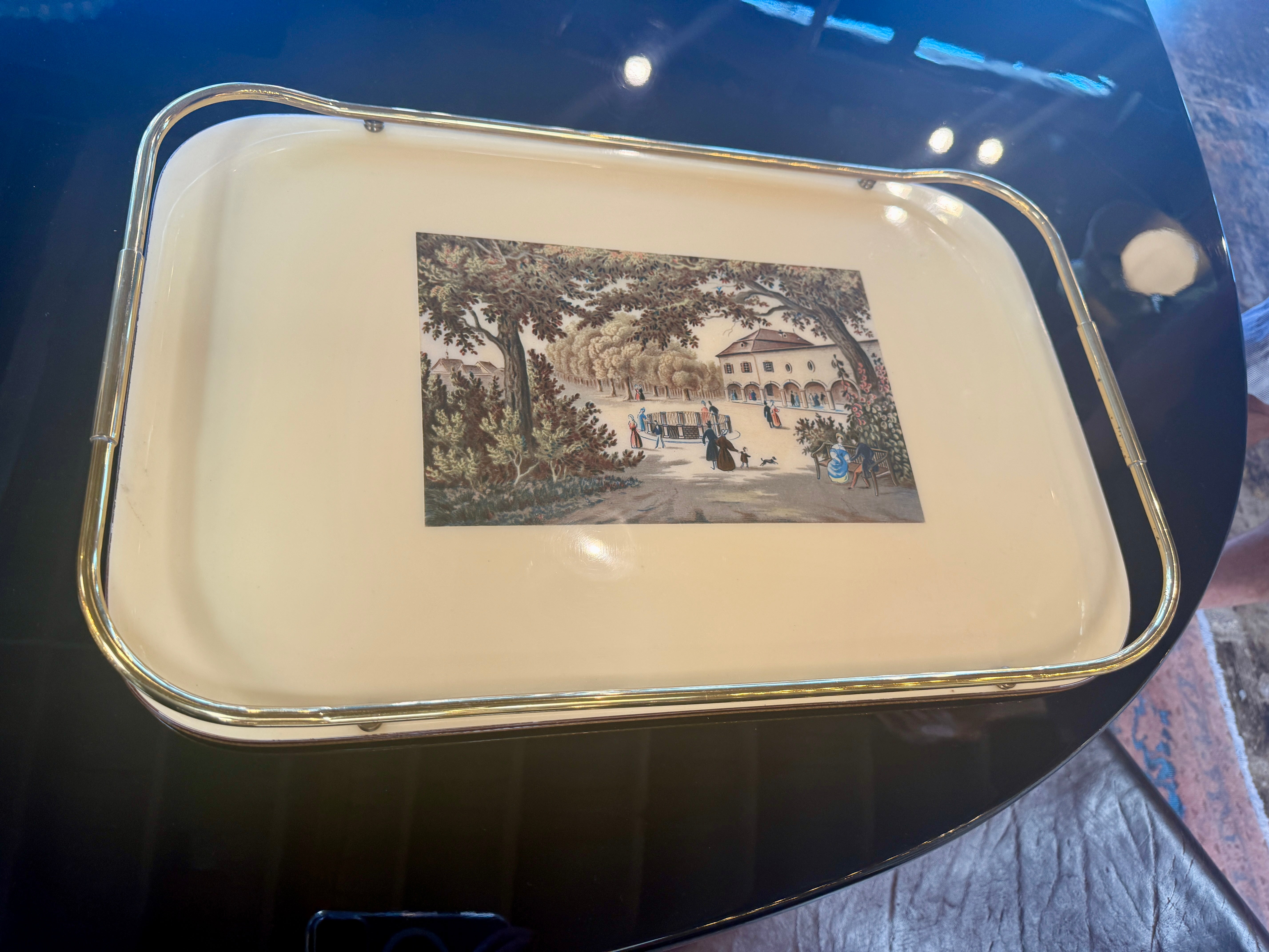 Vintage Italian Scenic Serving Tray with Brass Gallery Rail