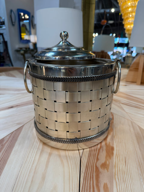 Vintage Silver-Plated Woven Metal Ice Bucket with Lid
