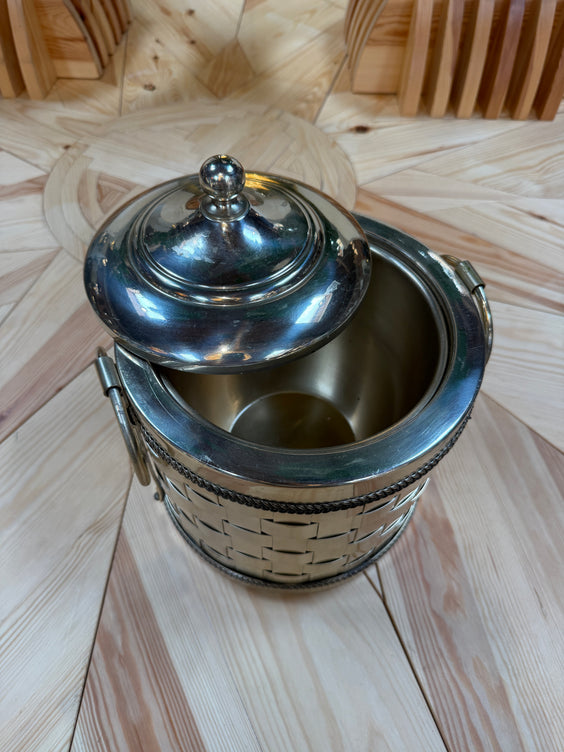 Vintage Silver-Plated Woven Metal Ice Bucket with Lid