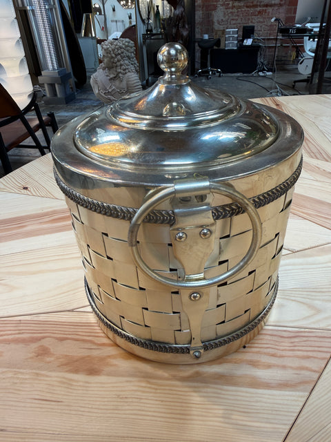 Vintage Silver-Plated Woven Metal Ice Bucket with Lid