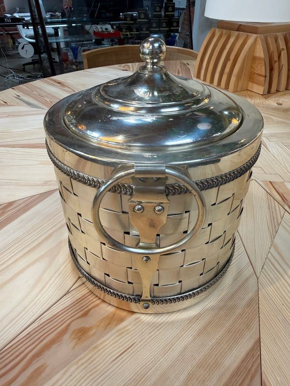 Vintage Silver-Plated Woven Metal Ice Bucket with Lid