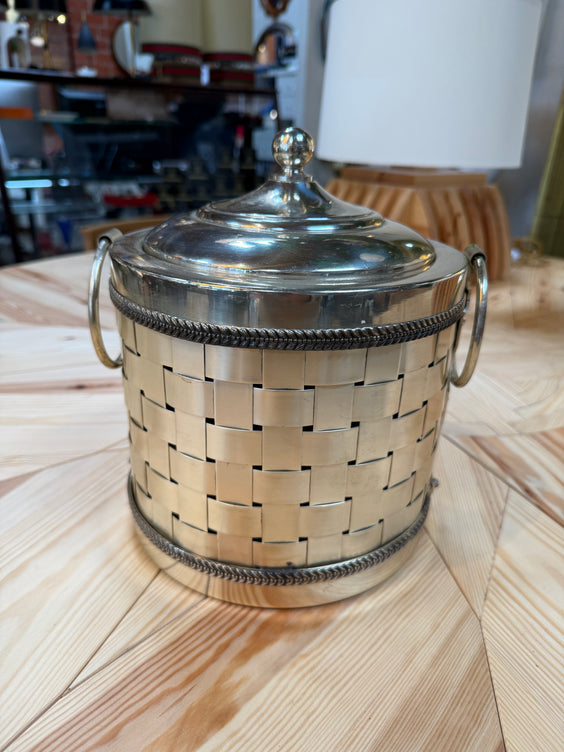 Vintage Silver-Plated Woven Metal Ice Bucket with Lid