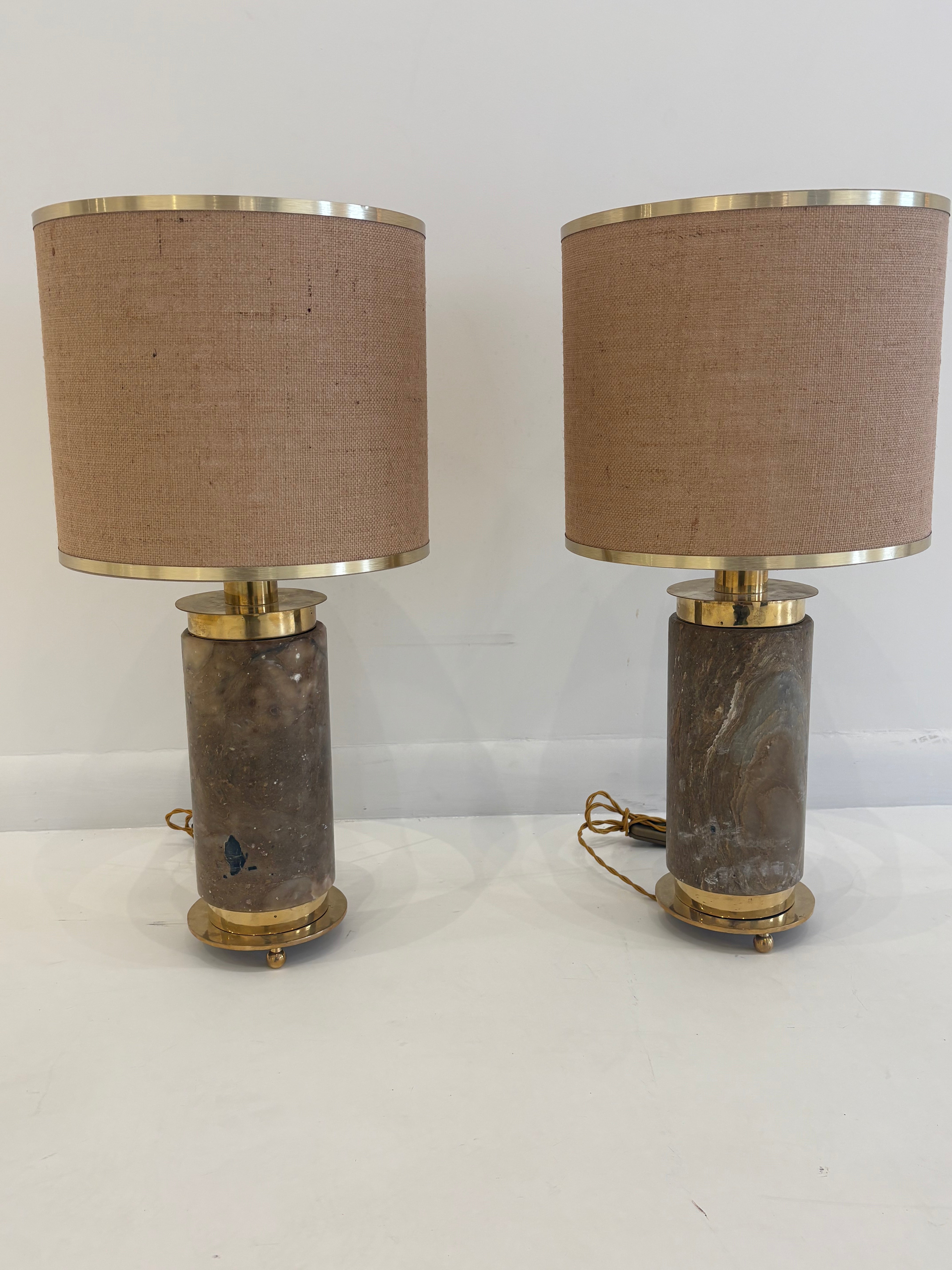 Pair of Italian Mid-Century Brass and Marble Table Lamps, 1970s