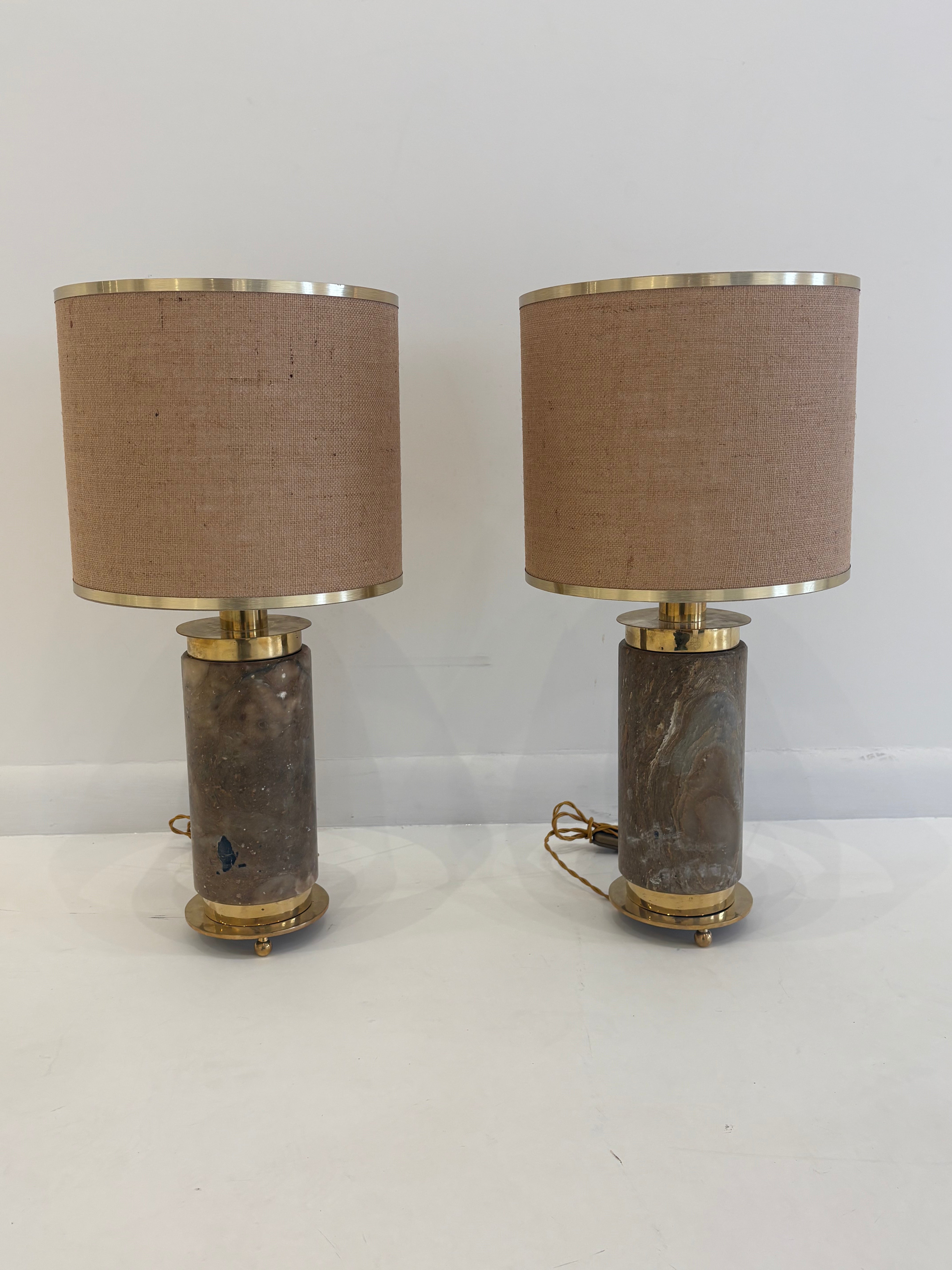 Pair of Italian Mid-Century Brass and Marble Table Lamps, 1970s
