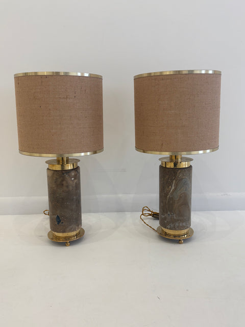 Pair of Italian Mid-Century Brass and Marble Table Lamps, 1970s