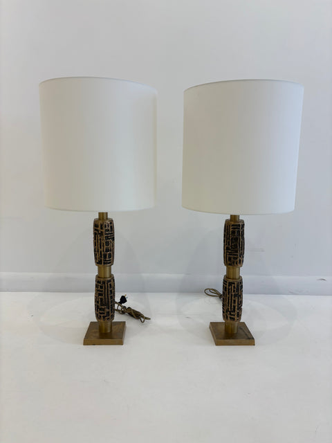 Pair of Italian Textured Brass Table Lamp, 1970s