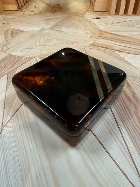 Vintage Tortoiseshell Lucite Trinket Box with Brass Stripe Accent, 1970s Modernist Design