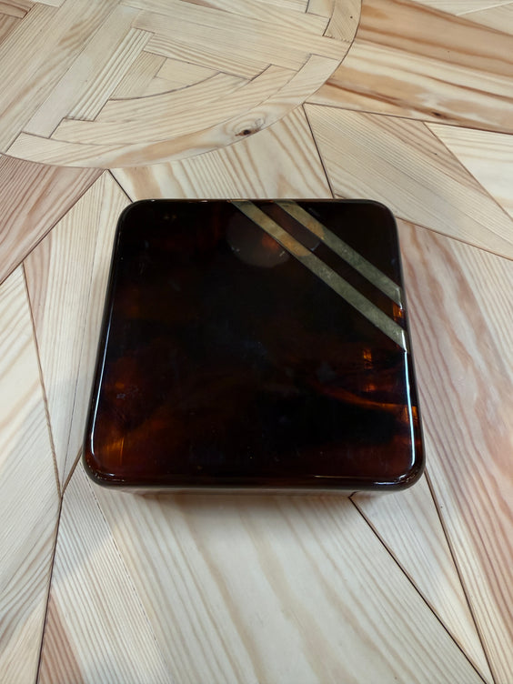 Vintage Tortoiseshell Lucite Trinket Box with Brass Stripe Accent, 1970s Modernist Design