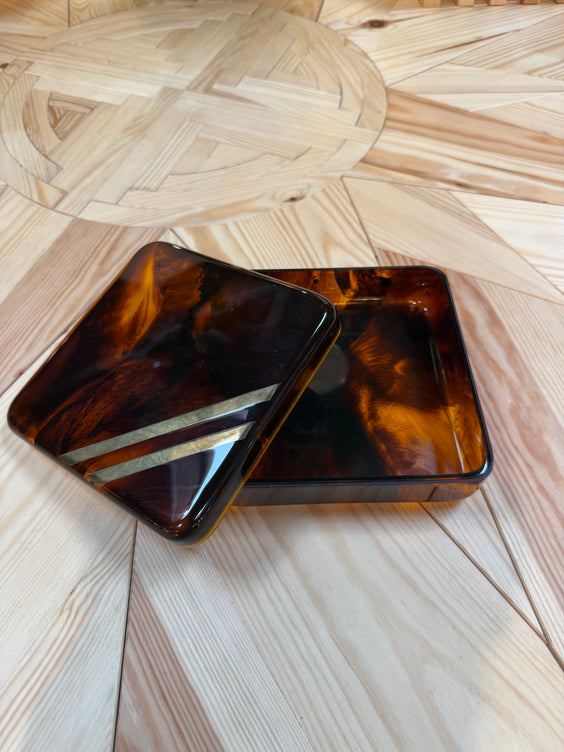 Vintage Tortoiseshell Lucite Trinket Box with Brass Stripe Accent, 1970s Modernist Design