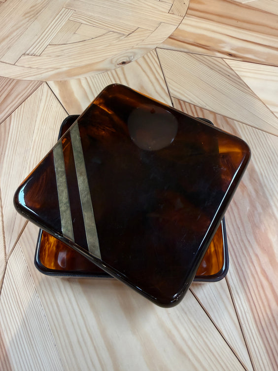 Vintage Tortoiseshell Lucite Trinket Box with Brass Stripe Accent, 1970s Modernist Design