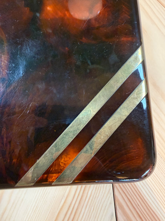 Vintage Tortoiseshell Lucite Trinket Box with Brass Stripe Accent, 1970s Modernist Design