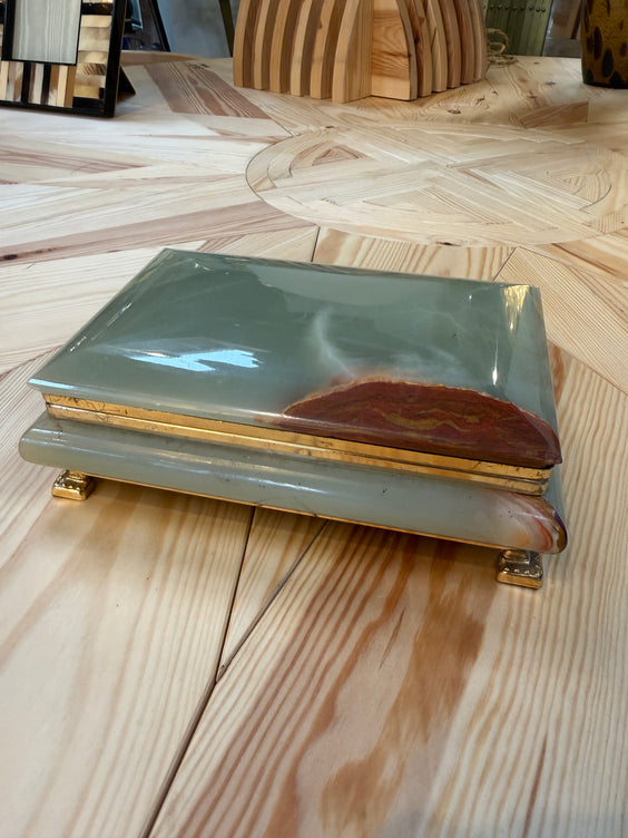 Vintage Italian Marble Jewelry Box with Brass Trim and Footed Base