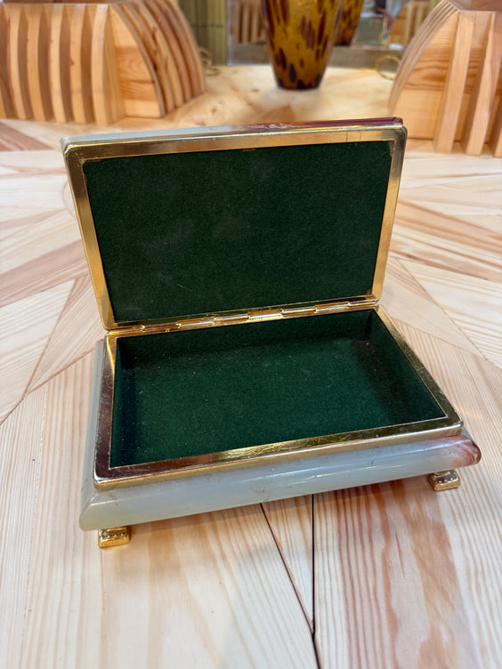 Vintage Italian Marble Jewelry Box with Brass Trim and Footed Base
