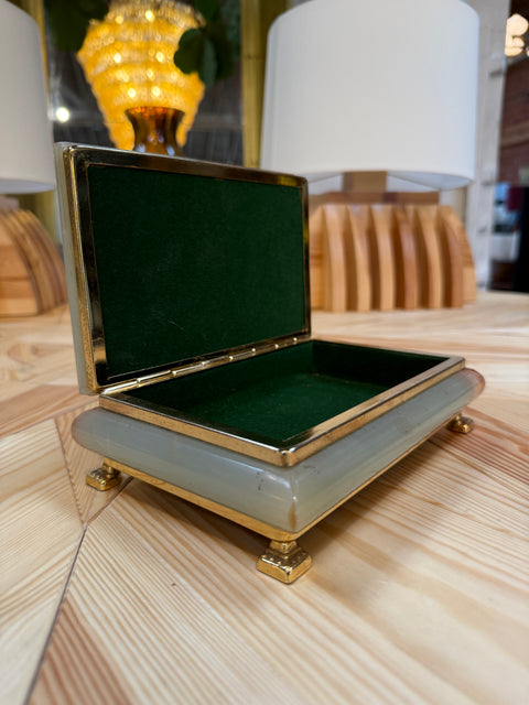 Vintage Italian Marble Jewelry Box with Brass Trim and Footed Base