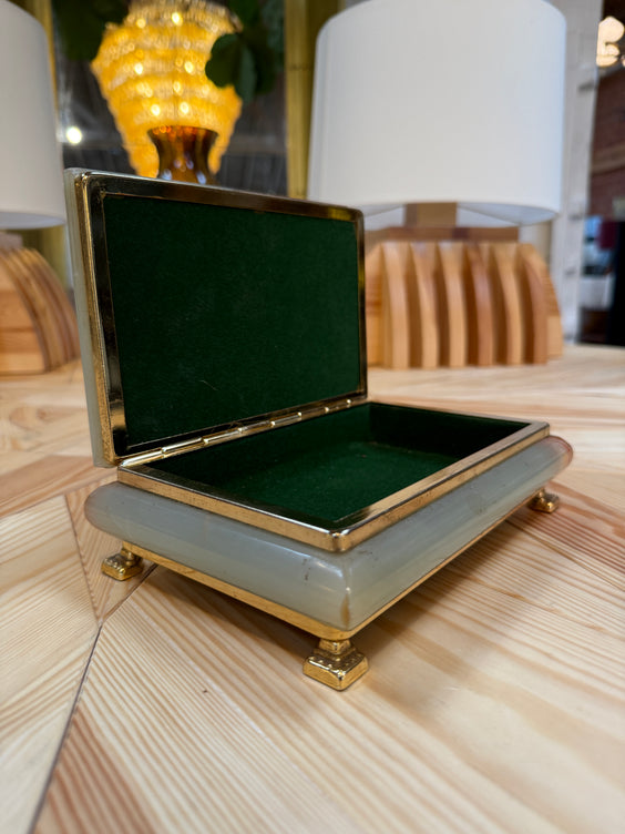 Vintage Italian Marble Jewelry Box with Brass Trim and Footed Base