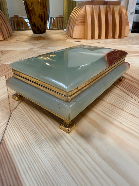 Vintage Italian Marble Jewelry Box with Brass Trim and Footed Base