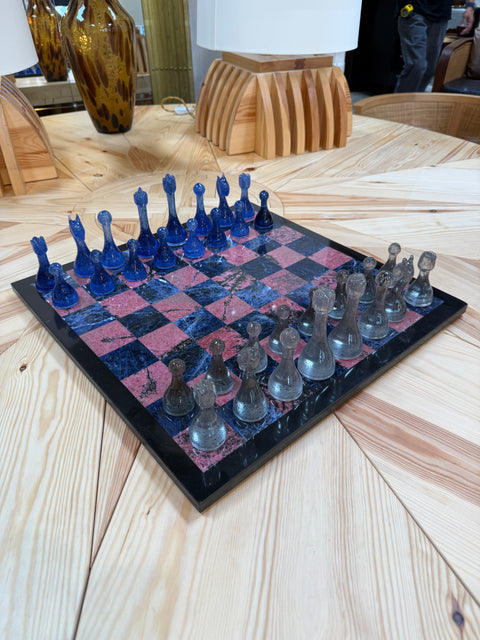 Marble Chess Set with Blue and Gray Glass Pieces