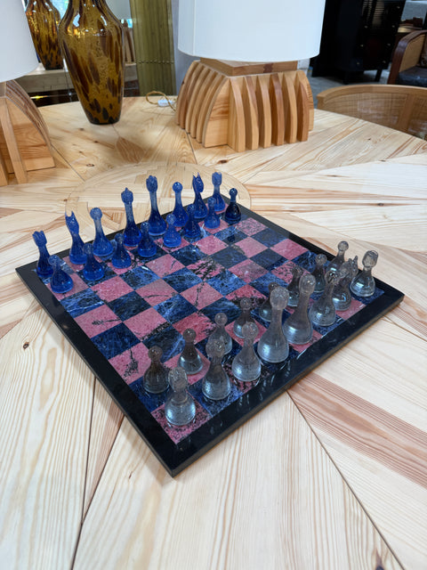 Marble Chess Set with Blue and Gray Glass Pieces