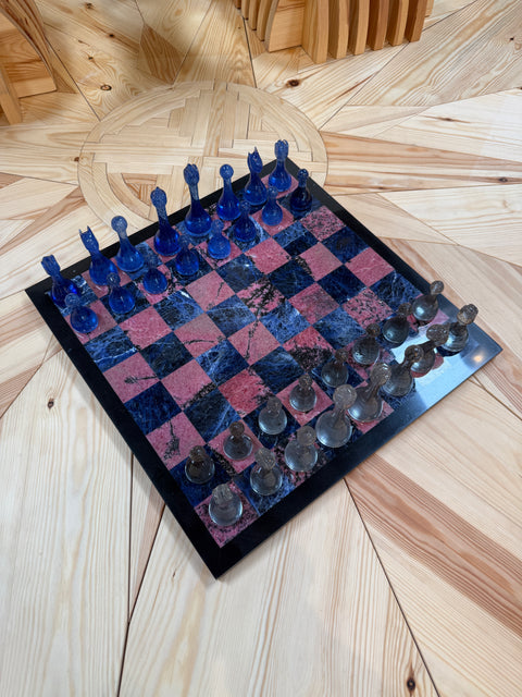 Marble Chess Set with Blue and Gray Glass Pieces