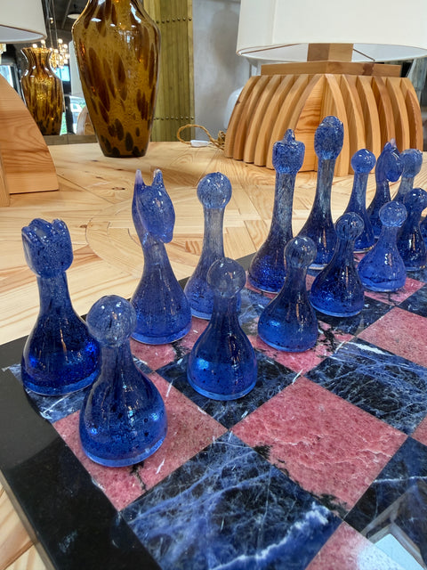 Marble Chess Set with Blue and Gray Glass Pieces