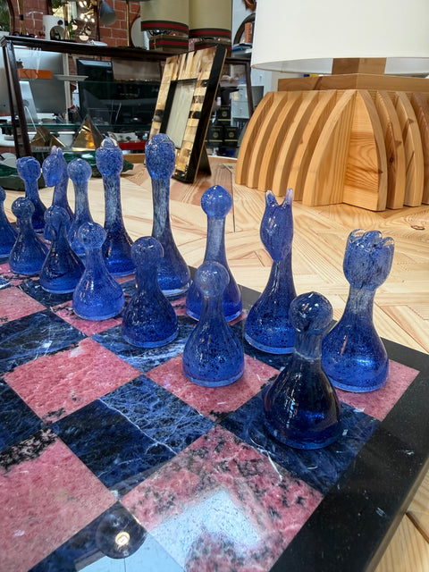 Marble Chess Set with Blue and Gray Glass Pieces