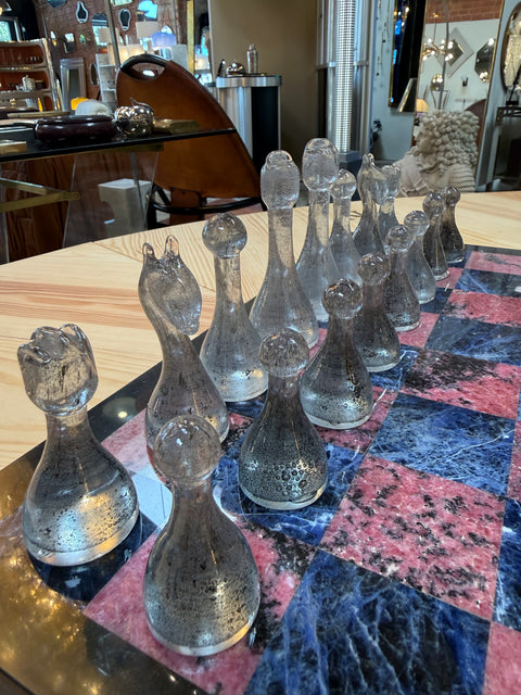 Marble Chess Set with Blue and Gray Glass Pieces