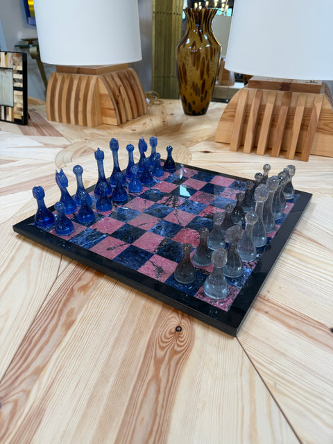 Marble Chess Set with Blue and Gray Glass Pieces