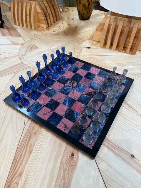Marble Chess Set with Blue and Gray Glass Pieces
