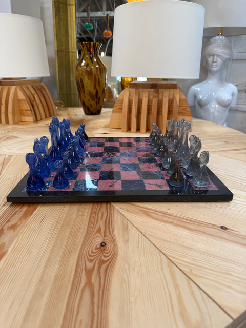 Marble Chess Set with Blue and Gray Glass Pieces