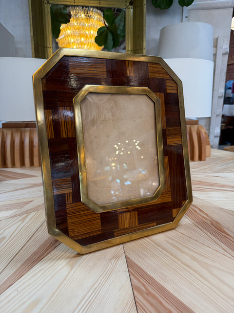 Vintage Geometric Wood and Brass Picture Frame