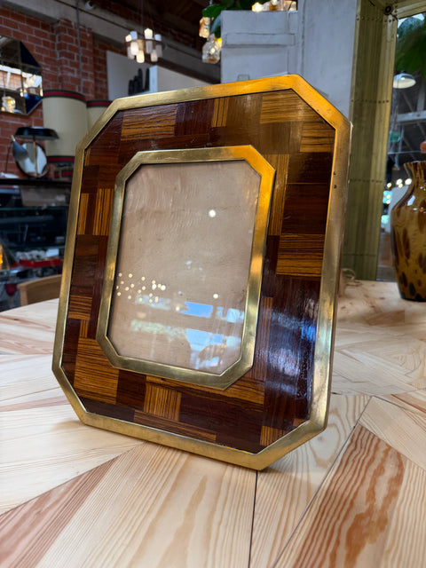 Vintage Geometric Wood and Brass Picture Frame