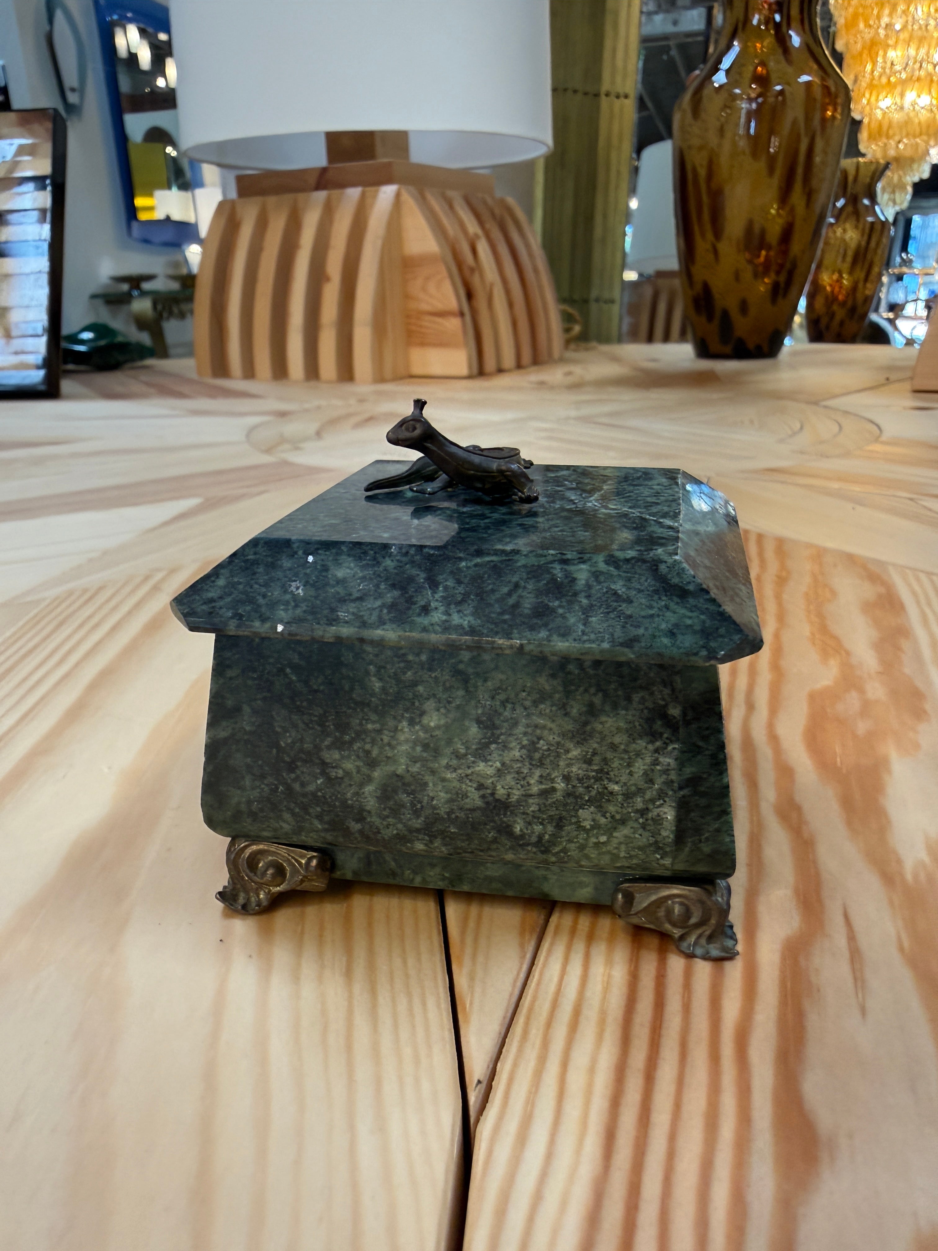 Antique Green Marble Box with Bronze Accents and Animal Finial