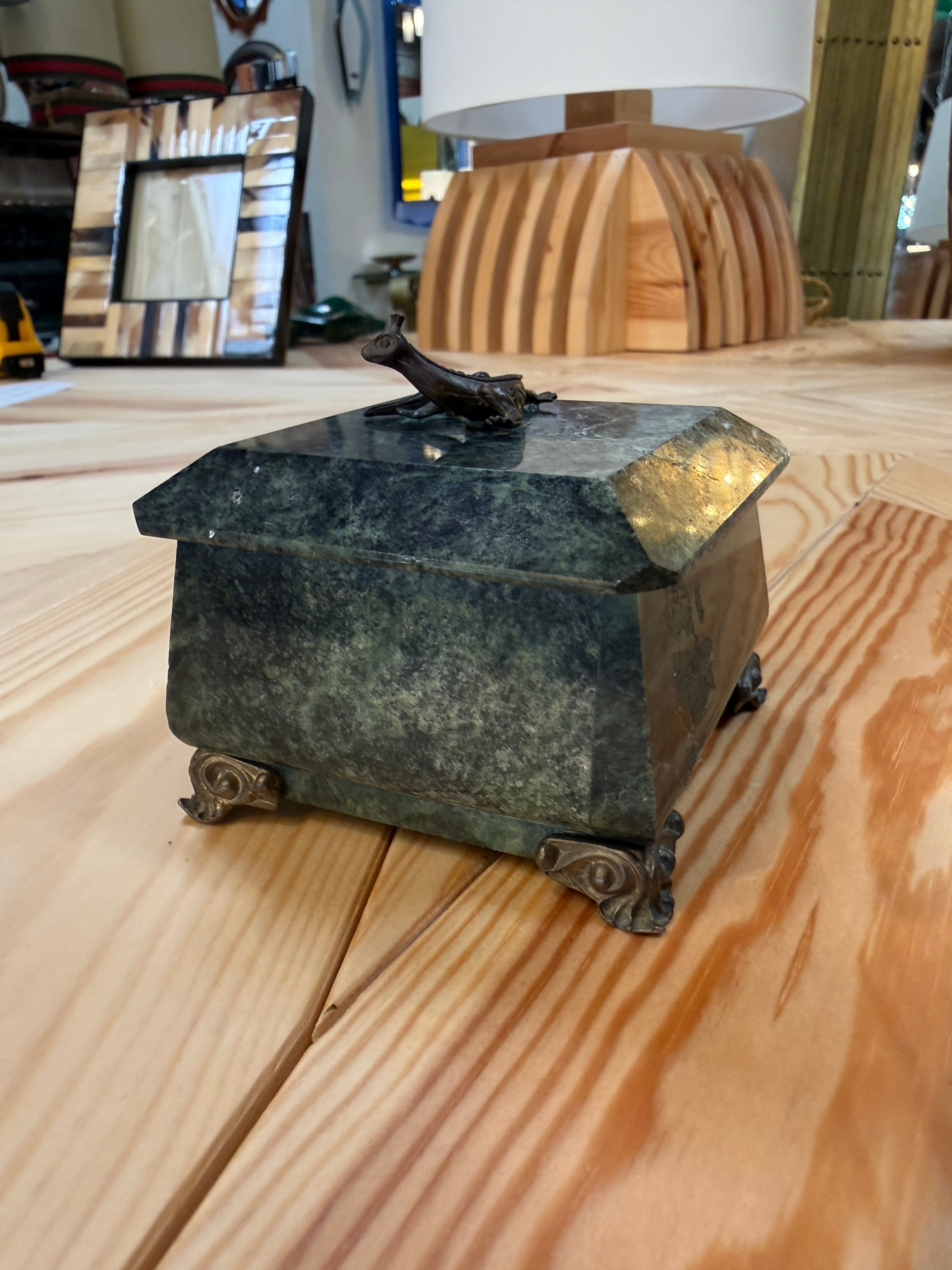 Antique Green Marble Box with Bronze Accents and Animal Finial