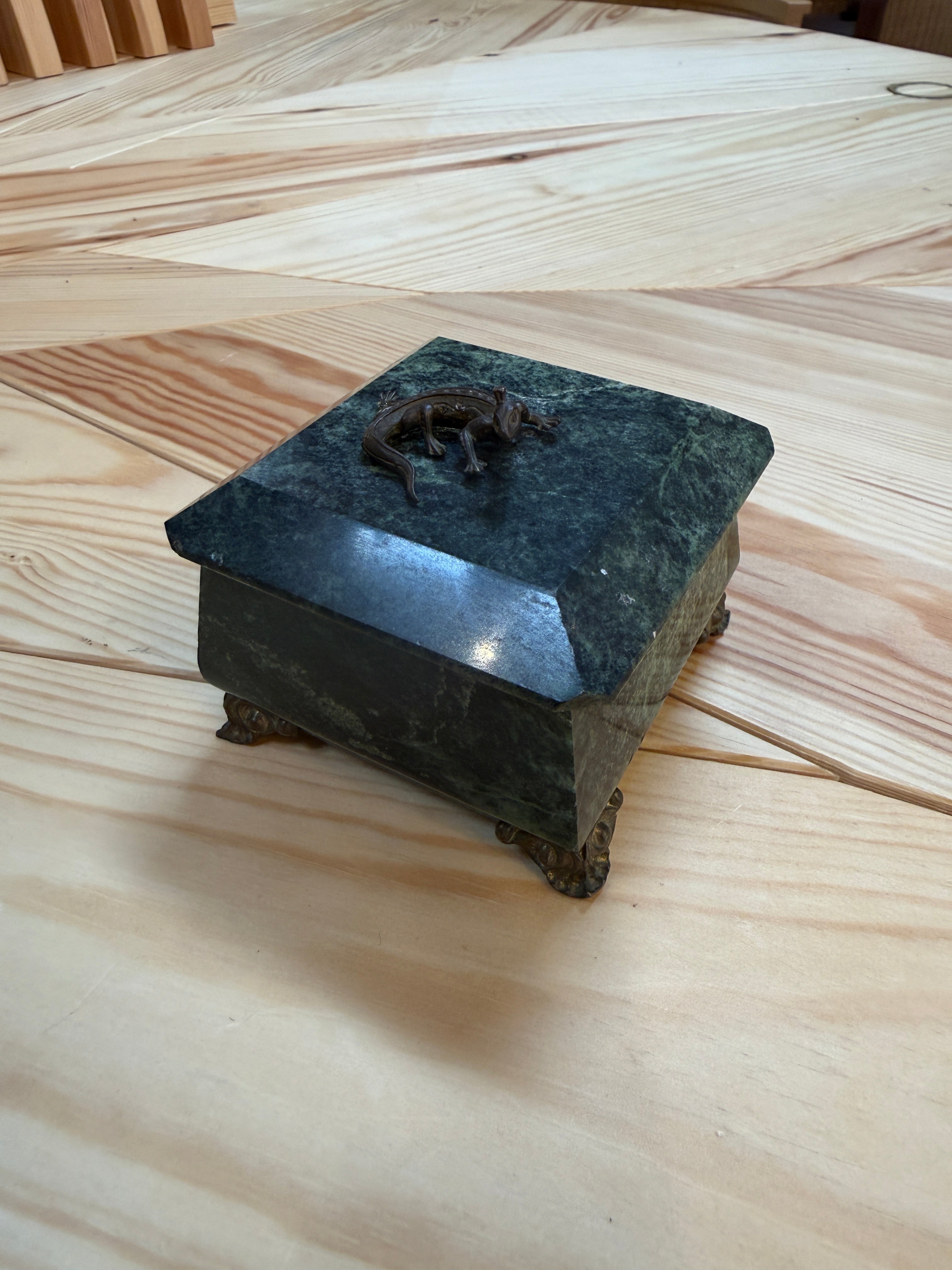 Antique Green Marble Box with Bronze Accents and Animal Finial