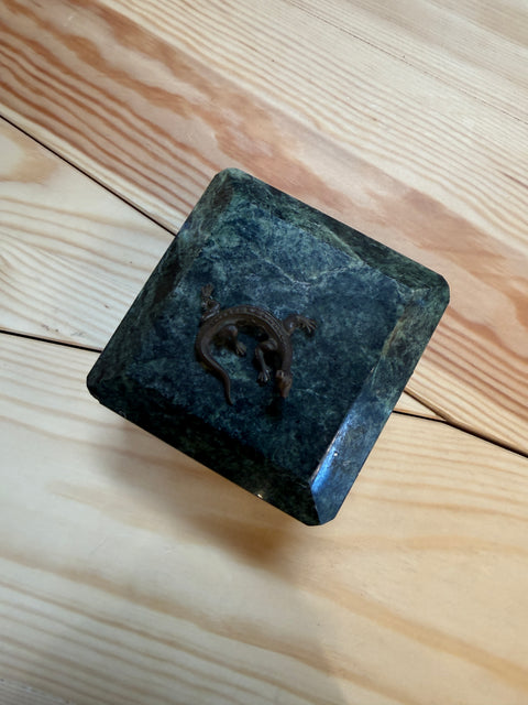 Antique Green Marble Box with Bronze Accents and Animal Finial