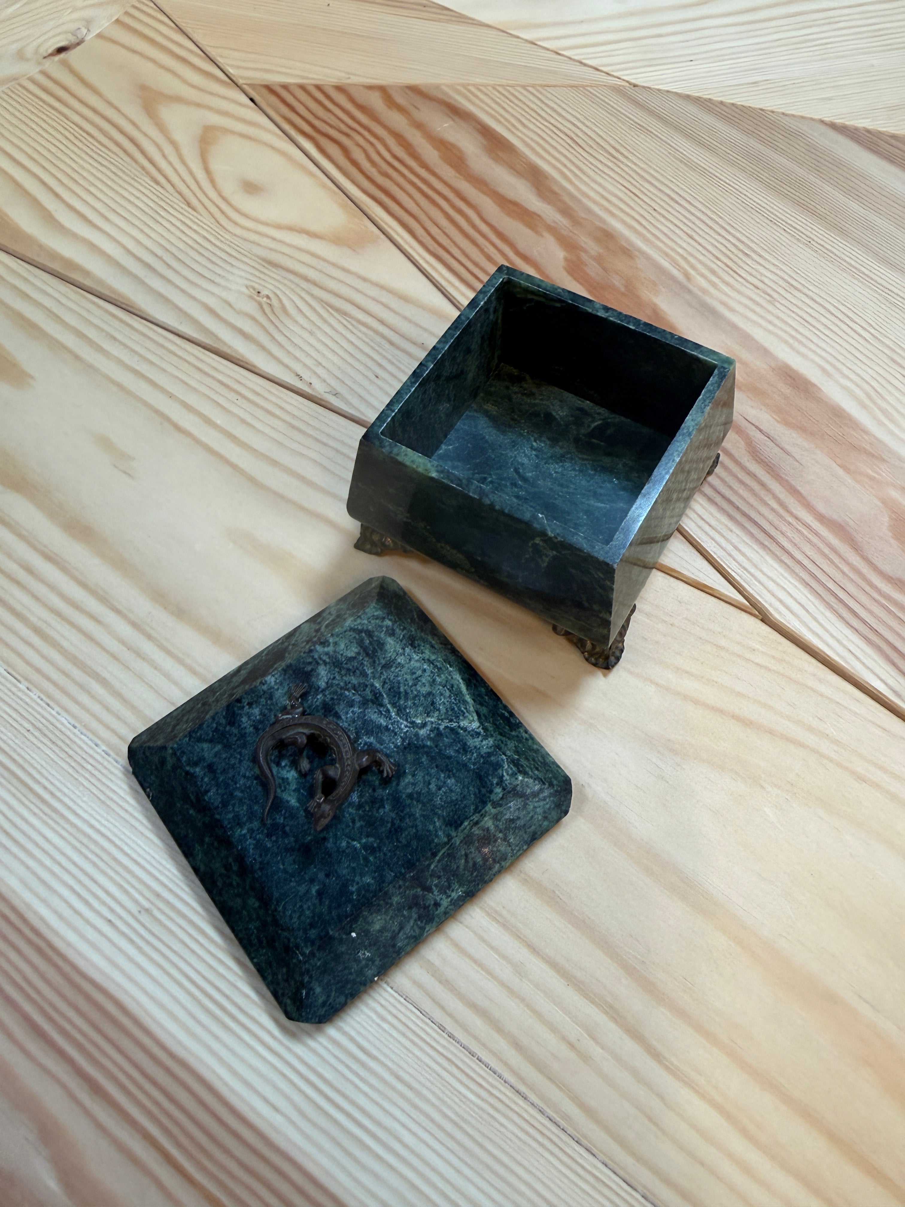 Antique Green Marble Box with Bronze Accents and Animal Finial