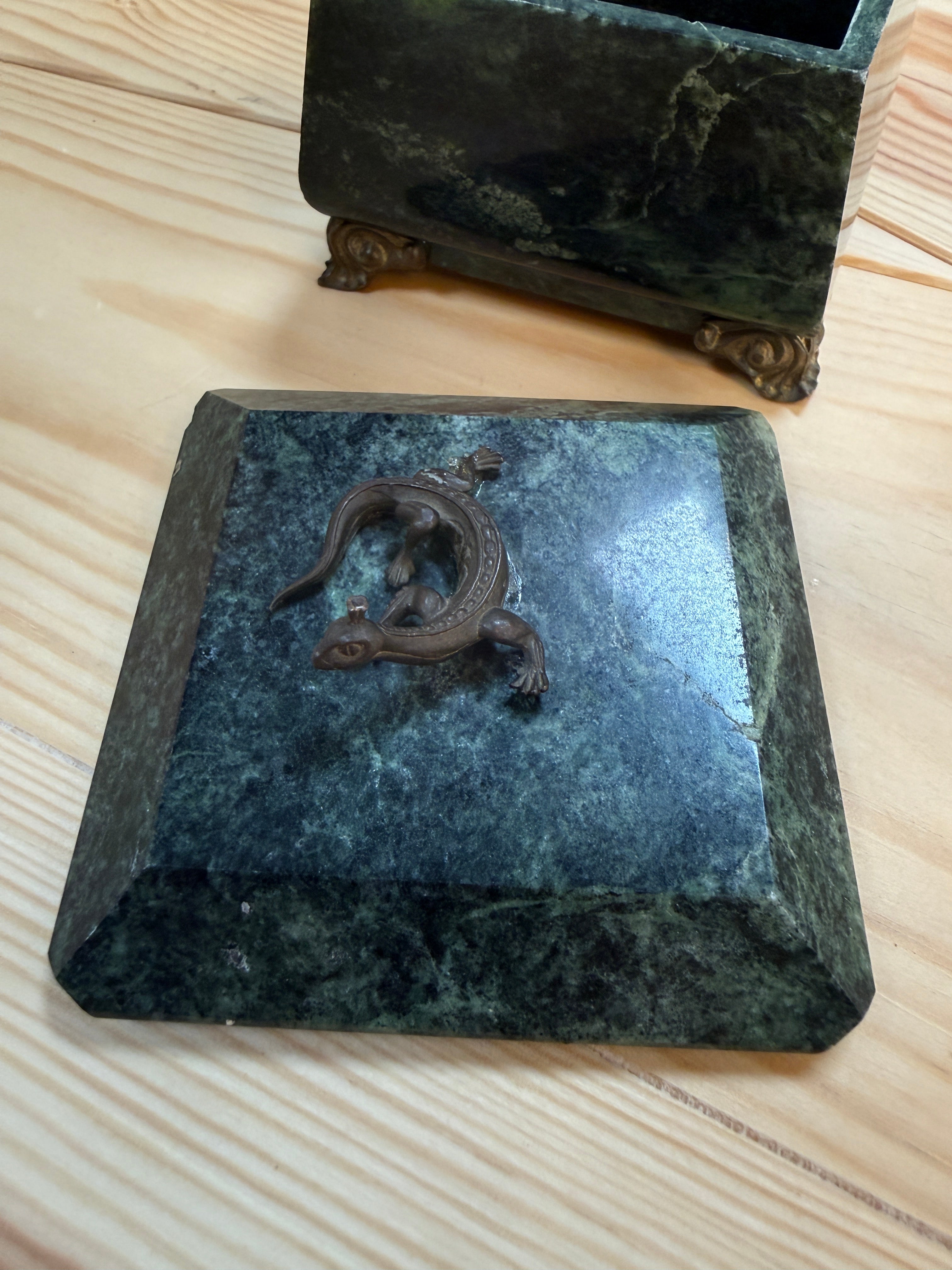 Antique Green Marble Box with Bronze Accents and Animal Finial