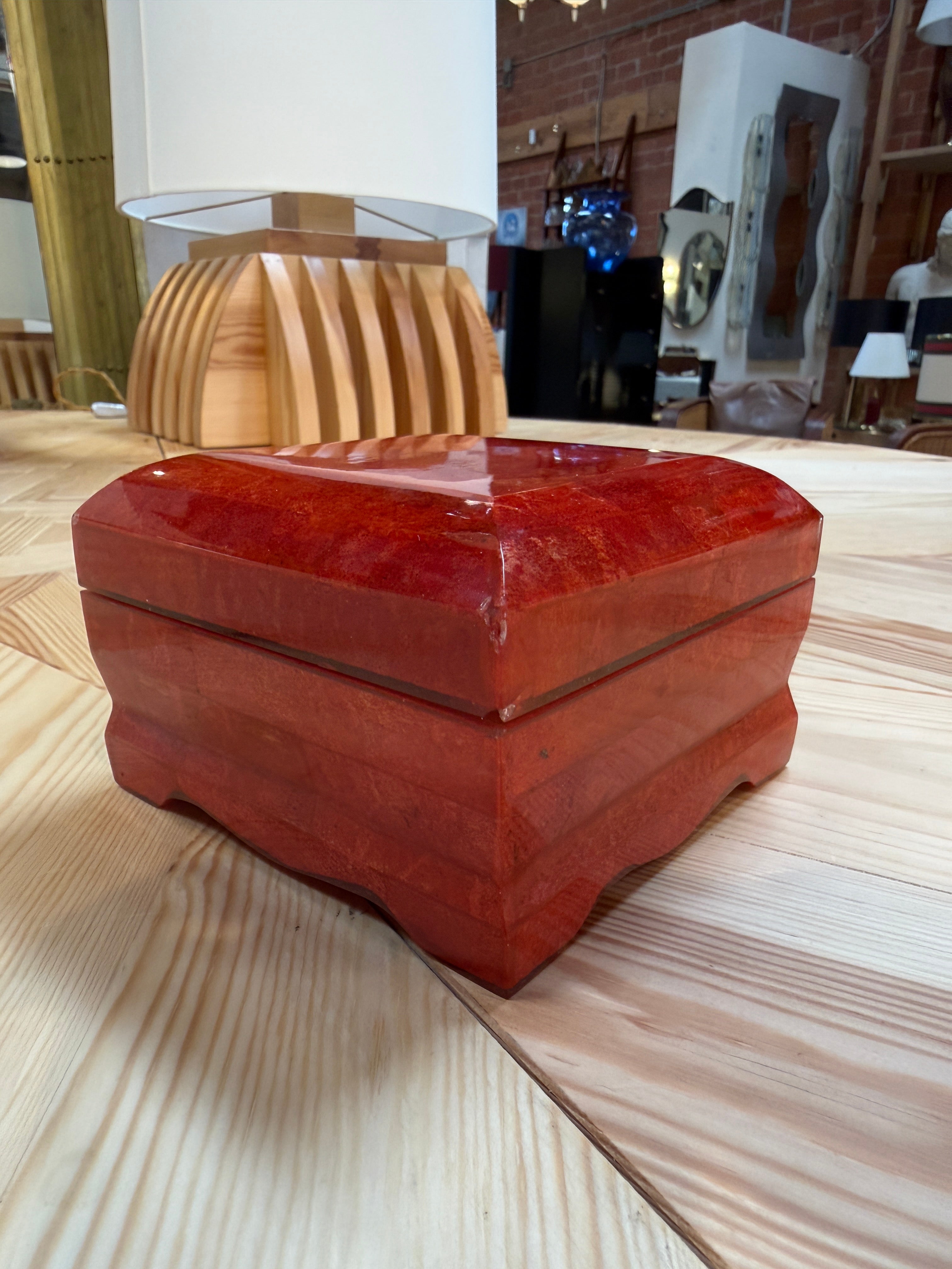 Vintage Red Lacquer Decorative Box with Scalloped Footed Base