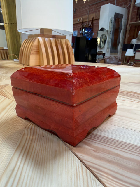 Vintage Red Lacquer Decorative Box with Scalloped Footed Base