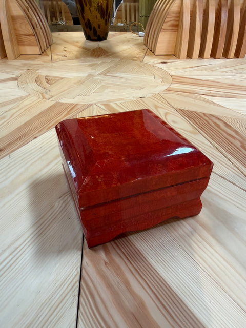 Vintage Red Lacquer Decorative Box with Scalloped Footed Base