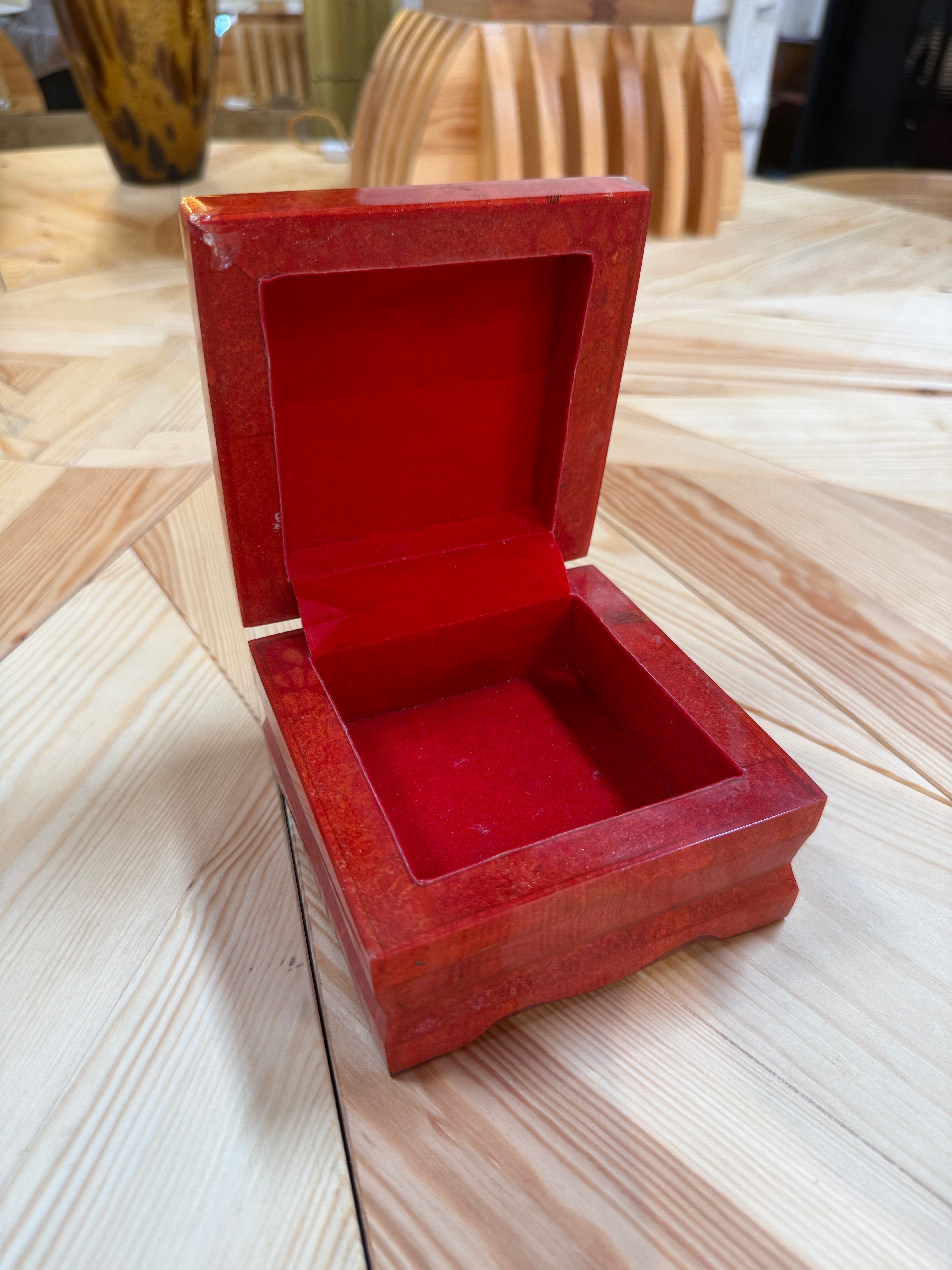 Vintage Red Lacquer Decorative Box with Scalloped Footed Base